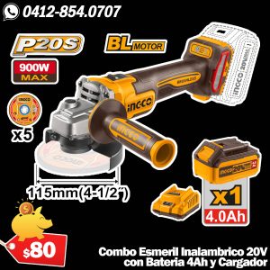 Esmeril Inalámbrico 20V 4-1/2" con Batería y Cargador INGCO - Modelo UCAGLI261521
