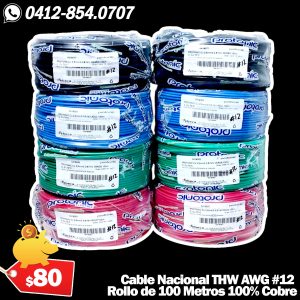 Cable THW Nacional Calibre AWG #12 100% Cobre Rollo de 100 Metros