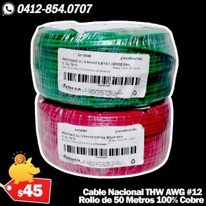 Cable THW Nacional Calibre AWG #12 100% Cobre Rollo de 50 Metros