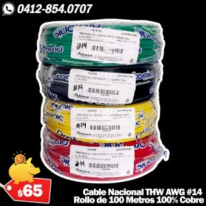 Cable THW Nacional Calibre AWG #14 100% Cobre Rollo de 100 Metros