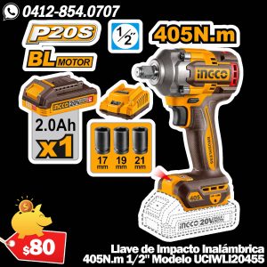 Llave de Impacto 405Nm BL 1/2 INGCO - Modelo UCIWLI20455