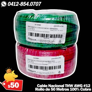 Cable THW Nacional Calibre AWG #12 100% Cobre Rollo de 50 Metros