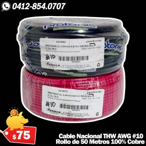 Cable THW Nacional Calibre AWG #10 100% Cobre Rollo de 50 Metros