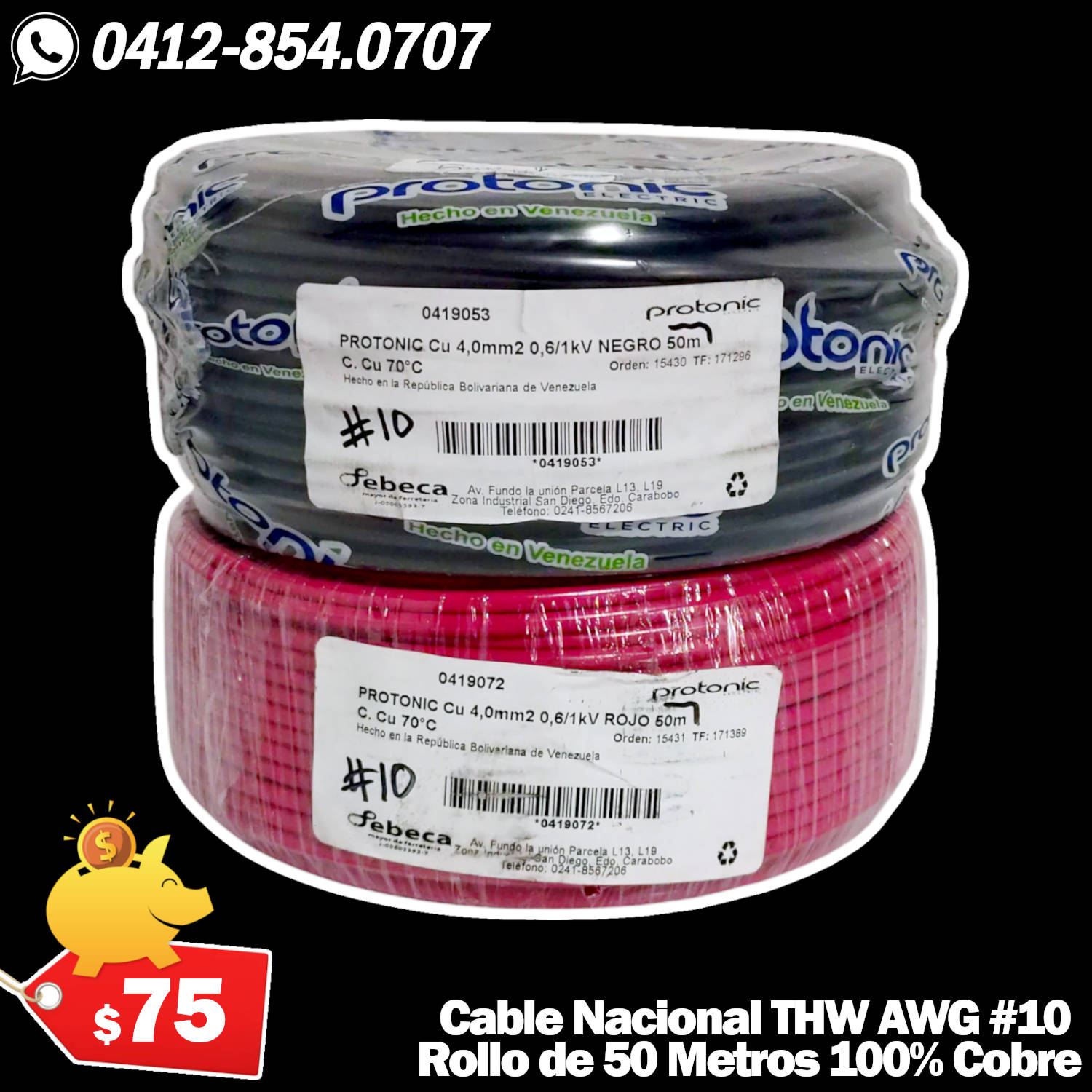 Cable THW Nacional Calibre AWG #10 100% Cobre Rollo de 50 Metros