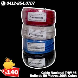 Cable THW Nacional Calibre AWG #8 100% Cobre Rollo de 50 Metros