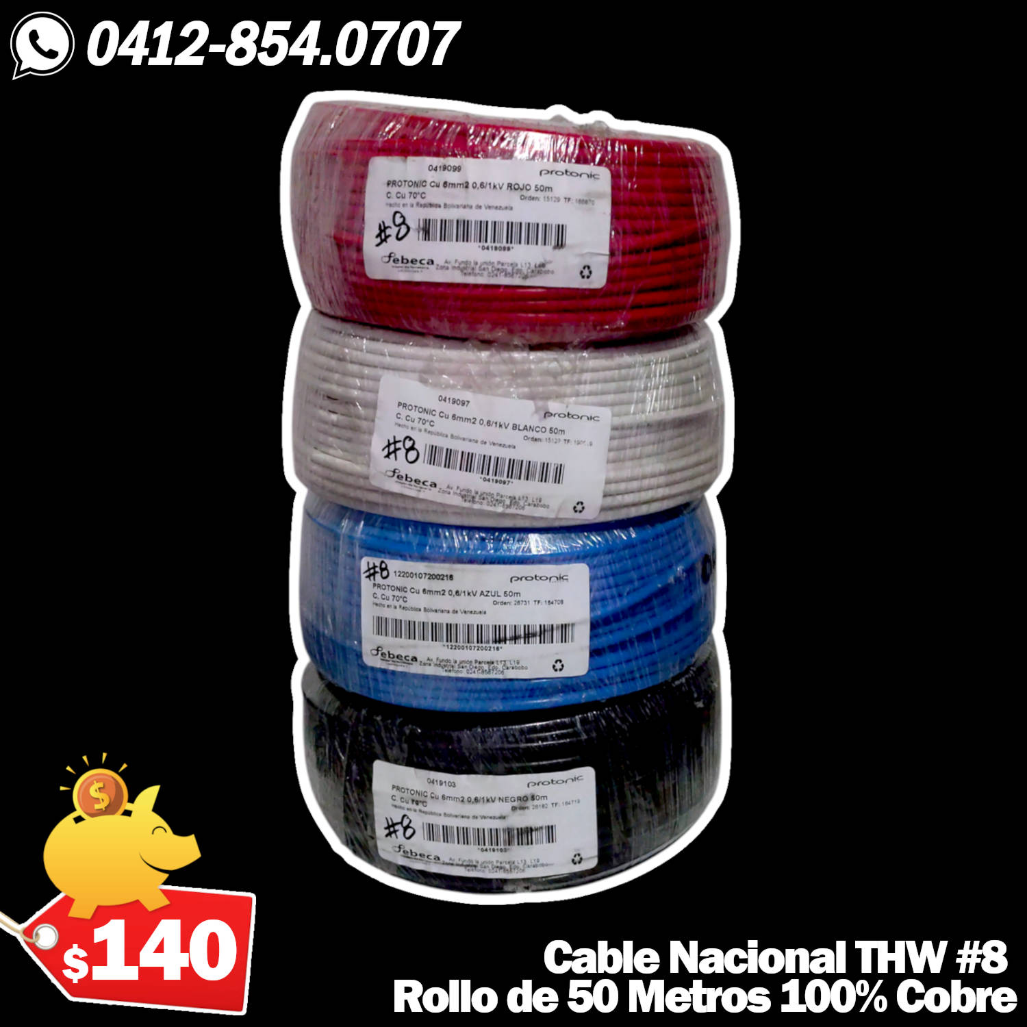 Cable THW Nacional Calibre AWG #8 100% Cobre Rollo de 50 Metros
