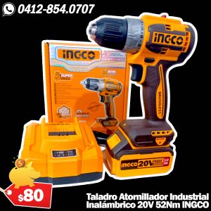 Taladro Atornillador Industrial 20V 52Nm con Batería 3Ah y Cargador Inteligente INGCO