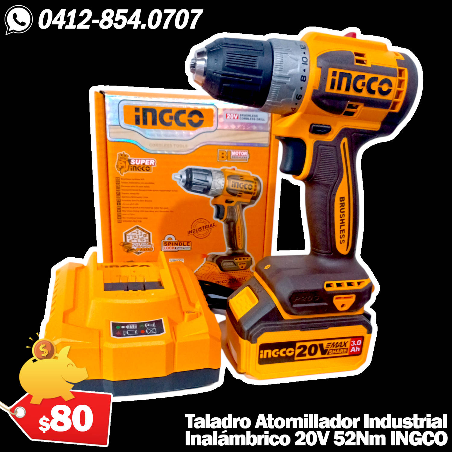 Taladro Atornillador Industrial 20V 52Nm con Batería 3Ah y Cargador Inteligente INGCO