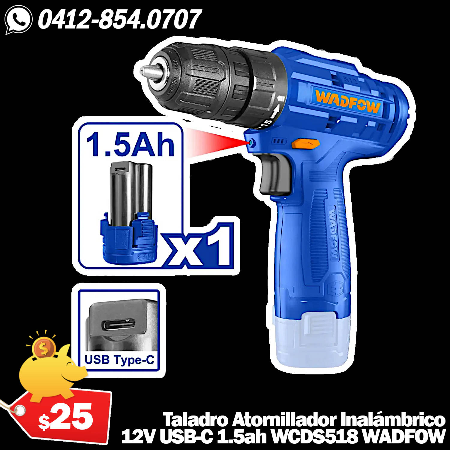 Taladro Atornillador Inalámbrico 12v 1.5Ah USB-C WADFOW - Modelo WCDS518
